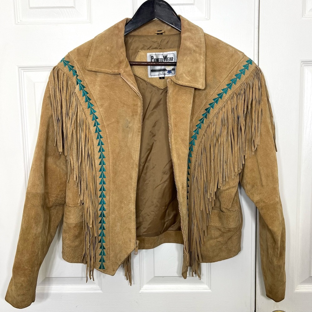 Vintage 80’s Pioneer Wear Fringe Suede Leather Tan Jacket Western Size S - Picture 15 of 15